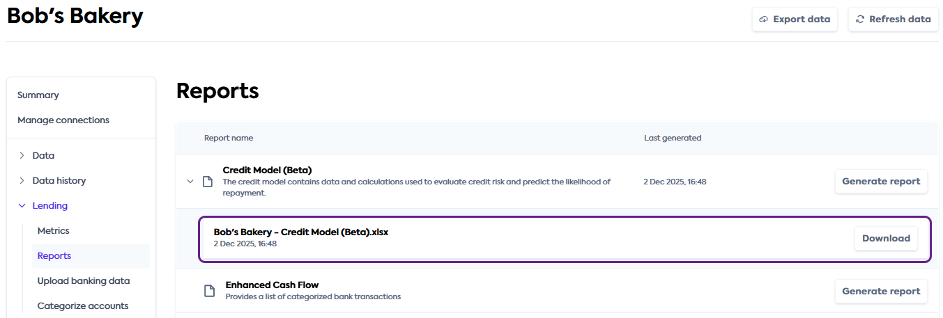 A snippet of the Codat Portal company detail screen with the Lending > Reports path visible and Credit Model report displayed